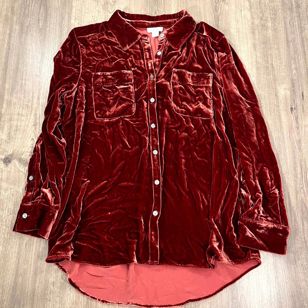 Sundance Blouse Top Button Front Long Sleeve Shirt Silk Velvet Rust Red Medium